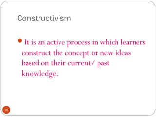 3366 
Constructivism 
It is an active process in which learners 
construct the concept or new ideas 
based on their current/ past 
knowledge. 
 