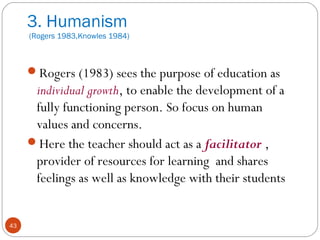 4433 
3. Humanism 
(Rogers 1983,Knowles 1984) 
Rogers (1983) sees the purpose of education as 
individual growth, to enable the development of a 
fully functioning person. So focus on human 
values and concerns. 
Here the teacher should act as a facilitator , 
provider of resources for learning and shares 
feelings as well as knowledge with their students 
 