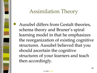 © 2002 ATGCI
DrShahramYazdani
47
Assimilation Theory
 Ausubel differs from Gestalt theories,
schema theory and Bruner’s spiral
learning model in that he emphasizes
the reorganization of existing cognitive
structures. Ausubel believed that you
should ascertain the cognitive
structures of your learners and teach
then accordingly.
 