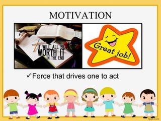 MOTIVATION
Force that drives one to act
 