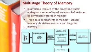 Multistage Theory of Memory
• Information received by the processing system
undergoes a series of transformations before it can
be permanently stored in memory
• Three basic components of memory - sensory
memory, short-term memory, and long-term
memory
 