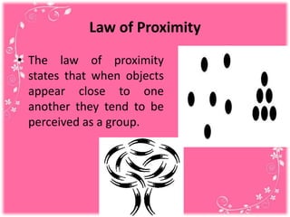 Law of Proximity
• The law of proximity
states that when objects
appear close to one
another they tend to be
perceived as a group.
 