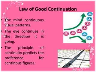 Law of Good Continuation
• The mind continuous
visual patterns.
• The eye continues in
the direction it is
going.
• The principle of
continuity predicts the
preference for
continous figures.
 