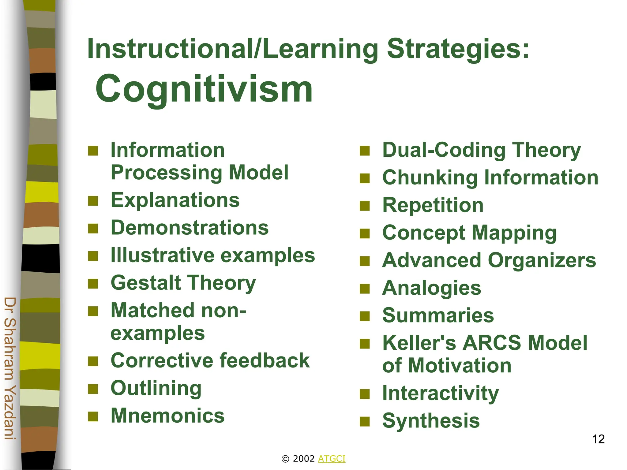 © 2002 ATGCI
Dr
Shahram
Yazdani
12
Instructional/Learning Strategies:
Cognitivism
 Information
Processing Model
 Explanations
 Demonstrations
 Illustrative examples
 Gestalt Theory
 Matched non-
examples
 Corrective feedback
 Outlining
 Mnemonics
 Dual-Coding Theory
 Chunking Information
 Repetition
 Concept Mapping
 Advanced Organizers
 Analogies
 Summaries
 Keller's ARCS Model
of Motivation
 Interactivity
 Synthesis
 