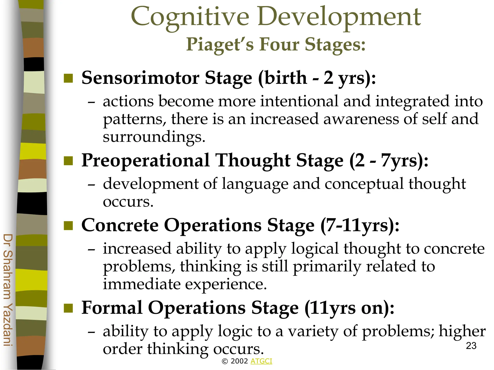 © 2002 ATGCI
Dr
Shahram
Yazdani
23
Cognitive Development
Piaget’s Four Stages:
 Sensorimotor Stage (birth - 2 yrs):
– actions become more intentional and integrated into
patterns, there is an increased awareness of self and
surroundings.
 Preoperational Thought Stage (2 - 7yrs):
– development of language and conceptual thought
occurs.
 Concrete Operations Stage (7-11yrs):
– increased ability to apply logical thought to concrete
problems, thinking is still primarily related to
immediate experience.
 Formal Operations Stage (11yrs on):
– ability to apply logic to a variety of problems; higher
order thinking occurs.
 