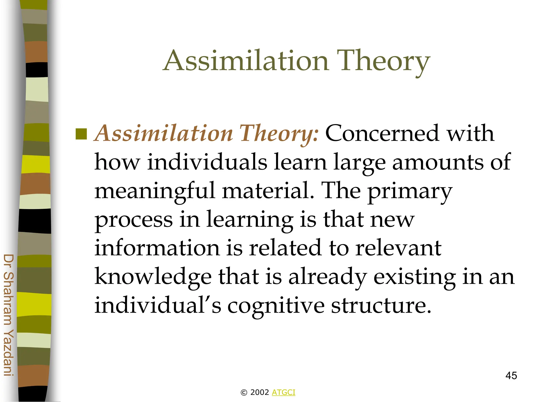 © 2002 ATGCI
Dr
Shahram
Yazdani
45
Assimilation Theory
 Assimilation Theory: Concerned with
how individuals learn large amounts of
meaningful material. The primary
process in learning is that new
information is related to relevant
knowledge that is already existing in an
individual’s cognitive structure.
 