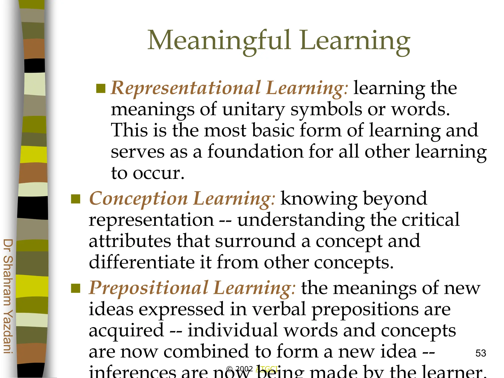 © 2002 ATGCI
Dr
Shahram
Yazdani
53
Meaningful Learning
 Representational Learning: learning the
meanings of unitary symbols or words.
This is the most basic form of learning and
serves as a foundation for all other learning
to occur.
 Conception Learning: knowing beyond
representation -- understanding the critical
attributes that surround a concept and
differentiate it from other concepts.
 Prepositional Learning: the meanings of new
ideas expressed in verbal prepositions are
acquired -- individual words and concepts
are now combined to form a new idea --
 