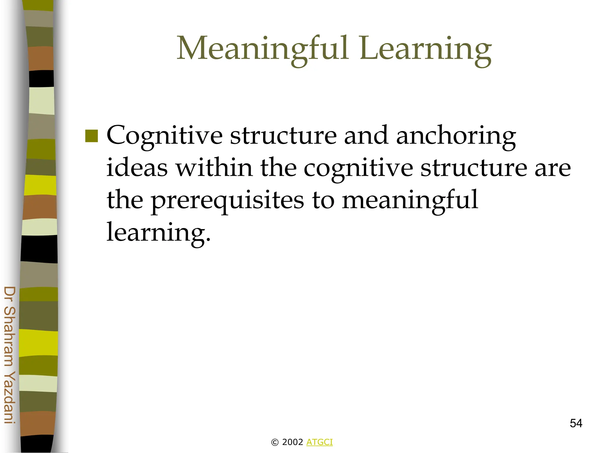 © 2002 ATGCI
Dr
Shahram
Yazdani
54
Meaningful Learning
 Cognitive structure and anchoring
ideas within the cognitive structure are
the prerequisites to meaningful
learning.
 
