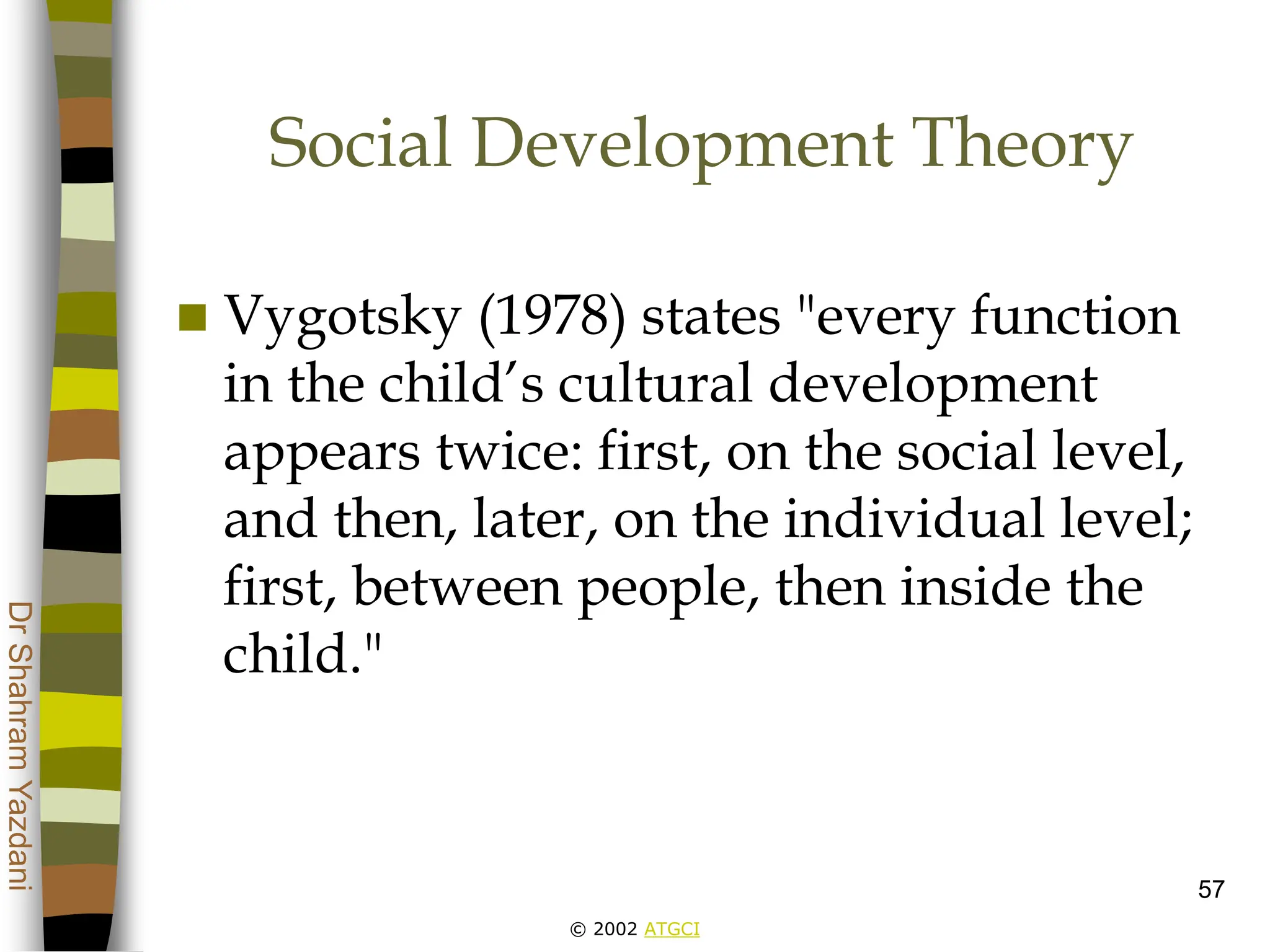 © 2002 ATGCI
Dr
Shahram
Yazdani
57
Social Development Theory
 Vygotsky (1978) states "every function
in the child’s cultural development
appears twice: first, on the social level,
and then, later, on the individual level;
first, between people, then inside the
child."
 
