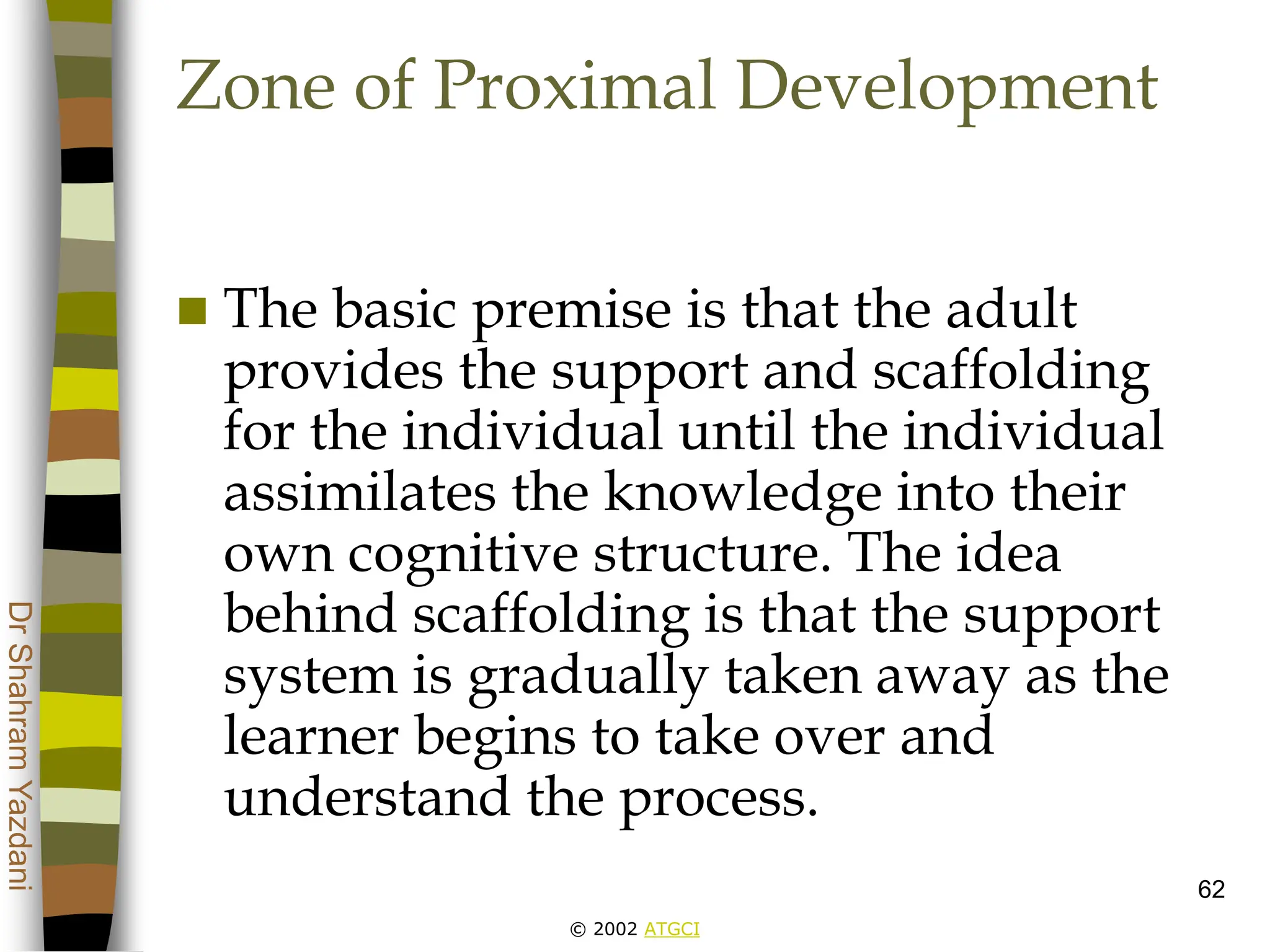 © 2002 ATGCI
Dr
Shahram
Yazdani
62
Zone of Proximal Development
 The basic premise is that the adult
provides the support and scaffolding
for the individual until the individual
assimilates the knowledge into their
own cognitive structure. The idea
behind scaffolding is that the support
system is gradually taken away as the
learner begins to take over and
understand the process.
 