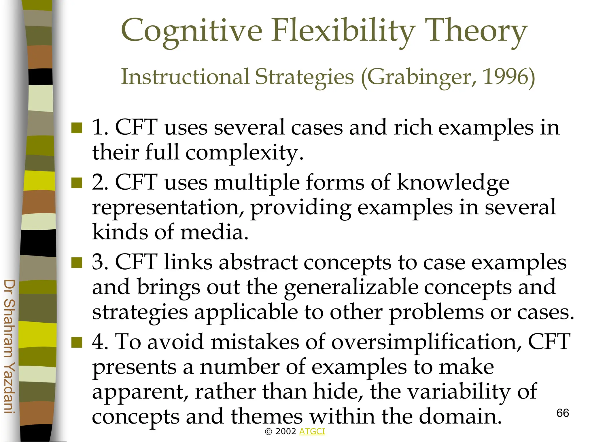 © 2002 ATGCI
Dr
Shahram
Yazdani
66
Cognitive Flexibility Theory
Instructional Strategies (Grabinger, 1996)
 1. CFT uses several cases and rich examples in
their full complexity.
 2. CFT uses multiple forms of knowledge
representation, providing examples in several
kinds of media.
 3. CFT links abstract concepts to case examples
and brings out the generalizable concepts and
strategies applicable to other problems or cases.
 4. To avoid mistakes of oversimplification, CFT
presents a number of examples to make
apparent, rather than hide, the variability of
concepts and themes within the domain.
 