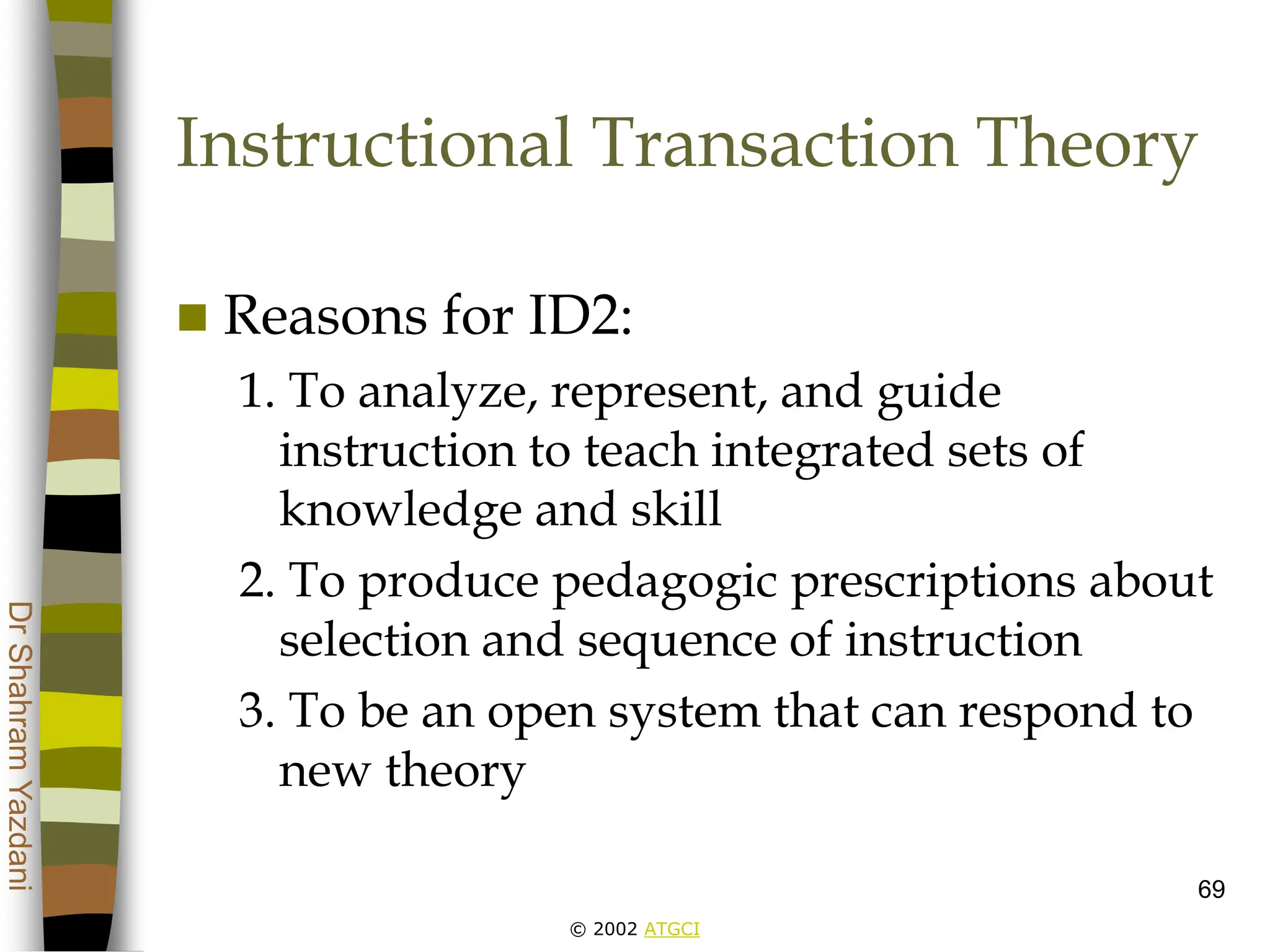 © 2002 ATGCI
Dr
Shahram
Yazdani
69
Instructional Transaction Theory
 Reasons for ID2:
1. To analyze, represent, and guide
instruction to teach integrated sets of
knowledge and skill
2. To produce pedagogic prescriptions about
selection and sequence of instruction
3. To be an open system that can respond to
new theory
 