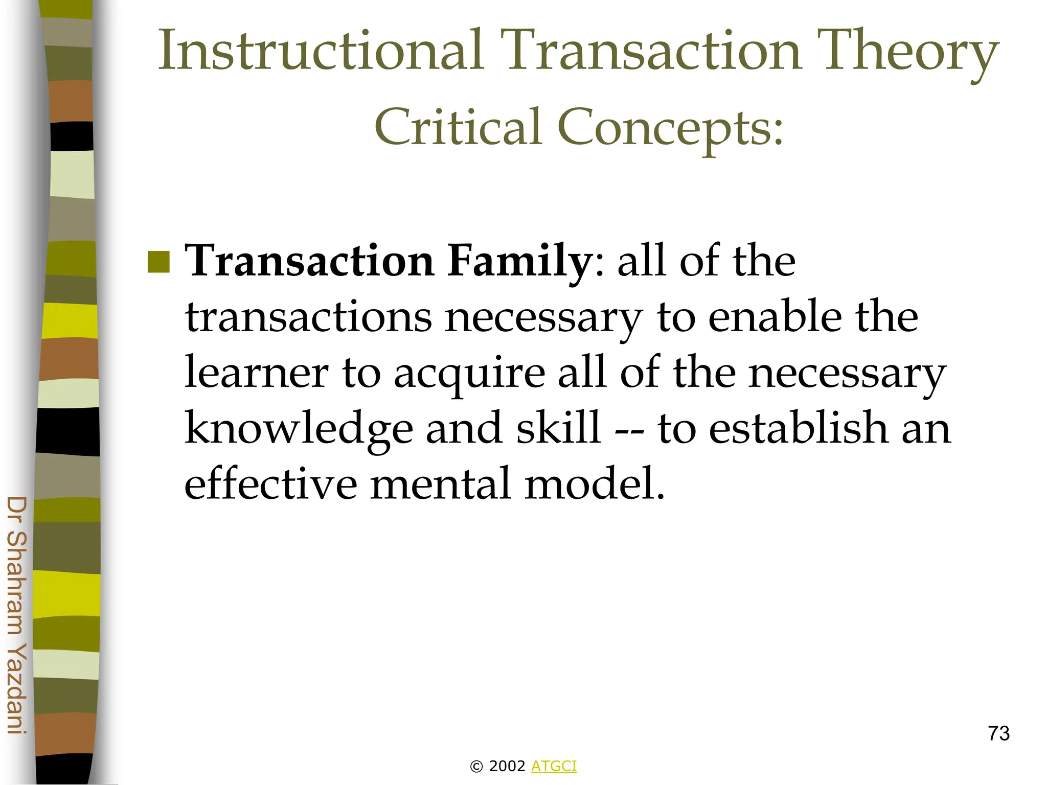 © 2002 ATGCI
Dr
Shahram
Yazdani
73
Instructional Transaction Theory
Critical Concepts:
 Transaction Family: all of the
transactions necessary to enable the
learner to acquire all of the necessary
knowledge and skill -- to establish an
effective mental model.
 
