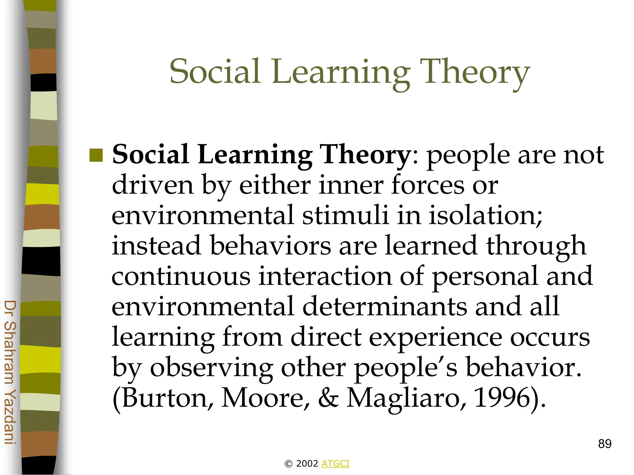 © 2002 ATGCI
Dr
Shahram
Yazdani
89
Social Learning Theory
 Social Learning Theory: people are not
driven by either inner forces or
environmental stimuli in isolation;
instead behaviors are learned through
continuous interaction of personal and
environmental determinants and all
learning from direct experience occurs
by observing other people’s behavior.
(Burton, Moore, & Magliaro, 1996).
 