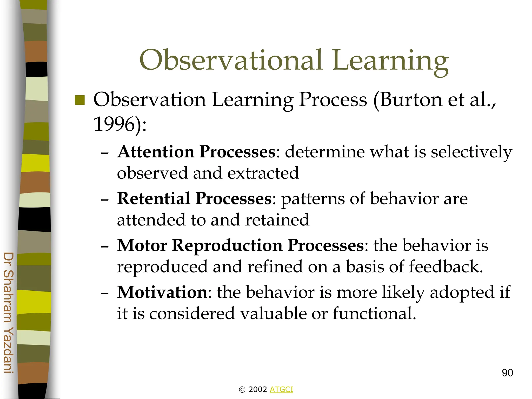 © 2002 ATGCI
Dr
Shahram
Yazdani
90
Observational Learning
 Observation Learning Process (Burton et al.,
1996):
– Attention Processes: determine what is selectively
observed and extracted
– Retential Processes: patterns of behavior are
attended to and retained
– Motor Reproduction Processes: the behavior is
reproduced and refined on a basis of feedback.
– Motivation: the behavior is more likely adopted if
it is considered valuable or functional.
 