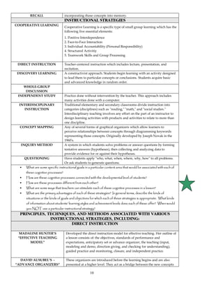 10
RECALL incorporating those concepts into memory.
INSTRUCTIONAL STRATEGIES
COOPERATIVE LEARNING
Cooperative Learning is a specific type of small group learning which has the
following five essential elements:
1. Positive Interdependence
2. Face-to-Face Interaction
3. Individual Accountability (Personal Responsibility)
4. Structured Activitiy
5. Teamwork Skills and Group Processing
DIRECT INSTRUCTION Teacher-centered instruction which includes lecture, presentation, and
recitation.
DISCOVERY LEARNING A constructivist approach. Students begin learning with an activity designed
to lead them to particular concepts or conclusions. Students acquire basic
and advanced knowledge in random order.
WHOLE-GROUP
DISCUSSION
INDEPENDENT STUDY Practice done without intervention by the teacher. This approach includes
many activities done with a computer.
INTERDISCIPLINARY
INSTRUCTION
Traditional elementary and secondary classrooms divide instruction into
categories (disciplines) such as "reading," "math," and "social studies."
Interdisciplinary teaching involves any effort on the part of an instructor to
design learning activities with products and activities to relate to more than
one discipline.
CONCEPT MAPPING Any of several forms of graphical organizers which allow learners to
perceive relationships between concepts through diagramming keywords
representing those concepts. Originally developed by Joseph Novak in the
1960's.
INQUIRY METHOD A system in which students solve problems or answer questions by forming
tentative answers (hypotheses), then collecting and analyzing data to
provide evidence for or against their hypotheses.
QUESTIONING Have students apply "who, what, when, where, why, how" to all problems.
Or ask students to generate questions.
• What are some specific instructional goals in a particular content area that would be associated with each of
these cognitive processes?
• How are these cognitive processes connected with the developmental level of students?
• How are these processes different from each other?
• What are some ways that teachers can stimulate each of these cognitive processes in a lesson?
• What are the primary advantages of each of these strategies? In general terms, describe the kinds of
situations or the kinds of goals and objectives for which each of these strategies is appropriate. What kinds
of information about students’ learning styles and achievement levels does each of these offer? When would
you NOT use a particular instructional strategy?
PRINCIPLES, TECHNIQUES, AND METHODS ASSOCIATED WITH VARIOUS
INSTRUCTIONAL STRATEGIES, INCLUDING:
DIRECT INSTRUCTION
MADALINE HUNTER’S
“EFFECTIVE TEACHING
MODEL”
Developed the direct instruction model for effective teaching. Her outline of
a lesson consists of: the objectives, standards of performance and
expectations, anticipatory set or advance organizer, the teaching (input,
modeling and demo, direction giving, and checking for understanding),
guided practice and monitoring, closure, and independent practice.
DAVID AUSUBEL’S -
“ADVANCE ORGANIZERS”
These organizers are introduced before the learning begins and are also
presented at a higher level. They act as a bridge between the new concepts
 