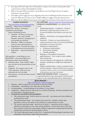 2
• Knowing each theorist’s major ideas and being able to compare and contrast one theory with another
comprises basic professional knowledge for teachers.
• What are the major differences between Jerome Bruner’s and Jean Piaget’s theories of cognitive
development in young children?
• How might a teacher apply some of Lev Vygotsky’s ideas about scaffolding and direct instruction in the
classroom? What does Gardner’s work on multiple intelligences suggest about planning instruction?
• What does Abraham Maslow’s hierarchy of needs suggest about motivation for learning in the classroom?
ALBERT BANDURA
– http://www.ship.edu/~cgboeree/bandura.html
Modeling – “Observation LEARNING”
(“Bobo Doll” studies) – (Learning =
acquisition of knowledge)
Steps in Modeling process:
• Attention – to learn you must pay
attention –the more colorful,
dramatic, attractive, prestigious the
more people pay attention
• Retention – ability to remember
what you have paid attention to.
• Reproduction - translate the images
or descriptions into actual behavior
• Motivation. – must be motivated to
imitate.
Self-regulation -- controlling our own
BEHAVIOR - self-concept (Behavior =
performance based on knowledge)
• Self-observation. Know thyself! Make
sure you have an accurate picture of your
behavior.
• Judgment. We compare what we see
with a standard-- make sure your
standards aren’t set too high.
• Self-response. Use self-rewards, not self-
punishments.
B.F. SKINNER - http://www.ship.edu/~cgboeree/skinner.html
OPERANT CONDITIONING –our reaction to the
world
• Reinforcing stimulus - a reinforcer - A behavior
followed by a reinforcing stimulus results in an
increased probability of that behavior occurring in the
future.
• Operant -- the behavior occurring just before the
reinforcer.
• Extinction - A behavior no longer followed by the
reinforcing stimulus results in a decreased probability of
that behavior occurring in the future.
• Schedules of reinforcement –
a. Continuous reinforcement
b. fixed interval schedule
c. Variable schedules.
• Shaping, or “the method of successive
approximations” - how we get to more complex
sorts of behaviors.
• Aversive stimulus is the opposite of a reinforcing
stimulus, something we might find unpleasant or
painful.
• Negative reinforcement - remove an already active
aversive stimulus - Behavior followed by the removal of
an aversive stimulus results in an increased probability
of that behavior occurring in the future
BEHAVIOR MODIFICATION - Extinguish an
undesirable behavior (by removing the reinforcer) and
replace it with a desirable behavior by reinforcement
JEAN PIAGET –
http://www.ship.edu/~cgboeree/piaget.html
• Schemas – skills to explore the environment to gain knowledge
• Assimilation - assimilating a new object into an old schema
• Accommodation - accommodating an old schema to a new object.
1. Adaptation - Piaget’s term for what most of us would call learning. Includes assimilation and
accommodation - biological process
• STAGES OF COGNITIVE DEVELOPMENT –
• The sensorimotor stage - birth to about two years old. – uses senses and motor abilities to
understand the world
• The preoperational stage - two to about seven years old – symbols, creative play,
egocentric, center on one aspect of any problem or communication at a time
• The concrete operations stage – about seven to about 11 - operations refers to logical
operations or principles we use when solving problems - Conservation refers to the idea
that a quantity remains the same despite changes in appearance; progressing decentering;
classification and seriation (putting things in order)
• The Formal Operations stage: around 12 on - hypothetical thinking (logical operations, and
using them in the abstract, rather than the concrete)
 