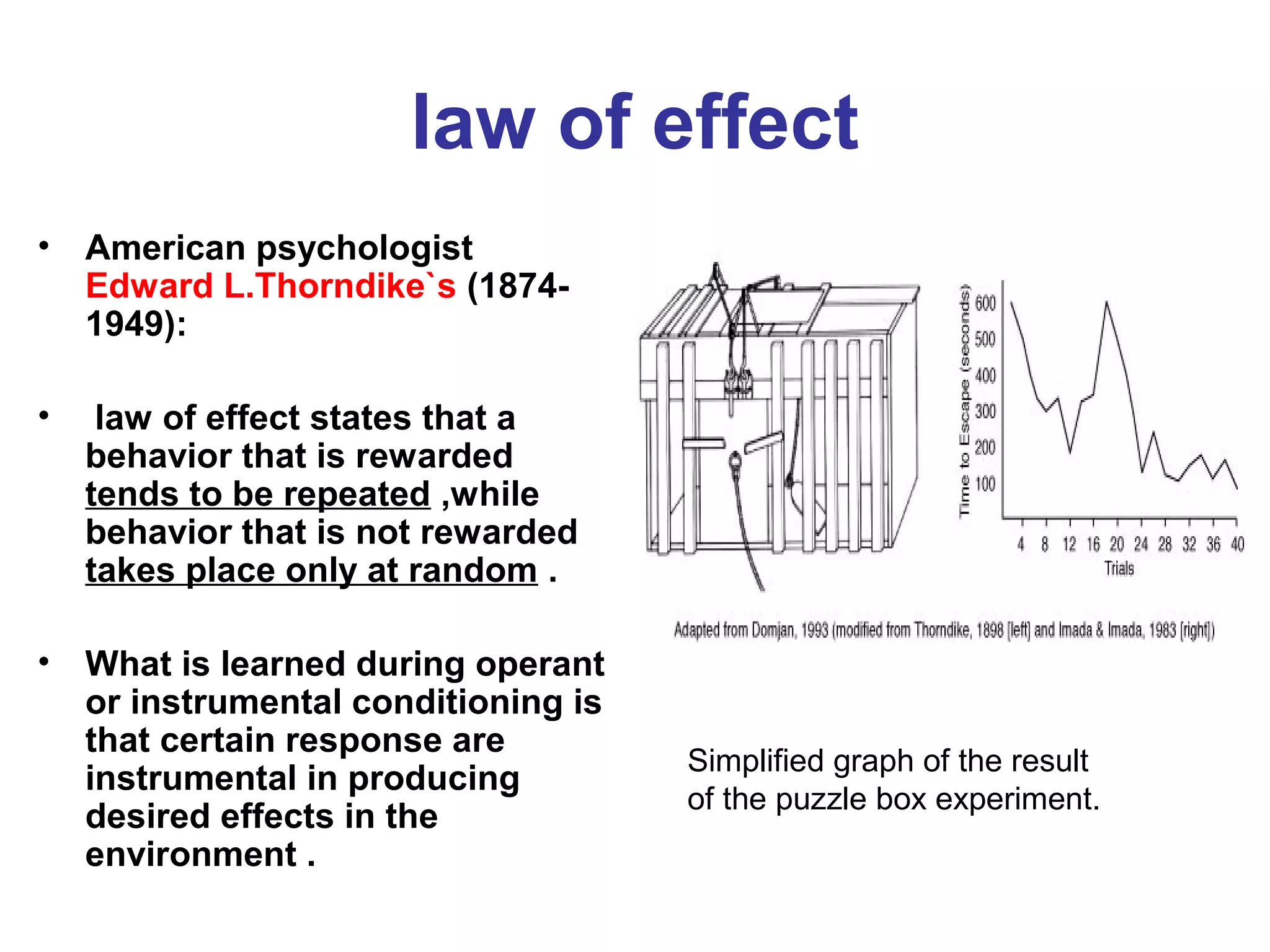 law of effect
• American psychologist
Edward L.Thorndike`s (1874-
1949):
• law of effect states that a
behavior that is rewarded
tends to be repeated ,while
behavior that is not rewarded
takes place only at random .
• What is learned during operant
or instrumental conditioning is
that certain response are
instrumental in producing
desired effects in the
environment .
Simplified graph of the result
of the puzzle box experiment.
 