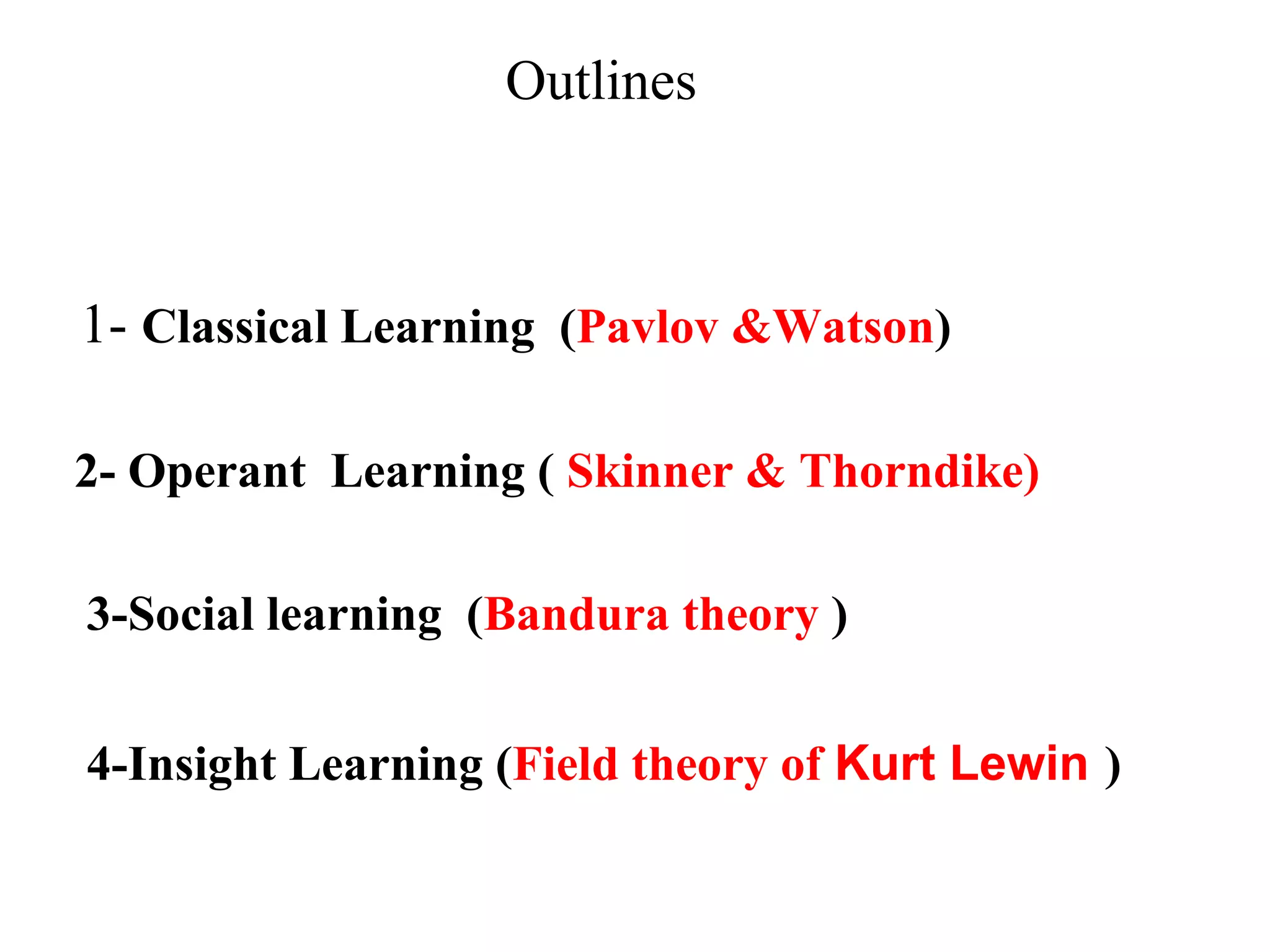 Outlines
1- Classical Learning (Pavlov &Watson)
2- Operant Learning ( Skinner & Thorndike)
3-Social learning (Bandura theory )
4-Insight Learning (Field theory of Kurt Lewin )
 