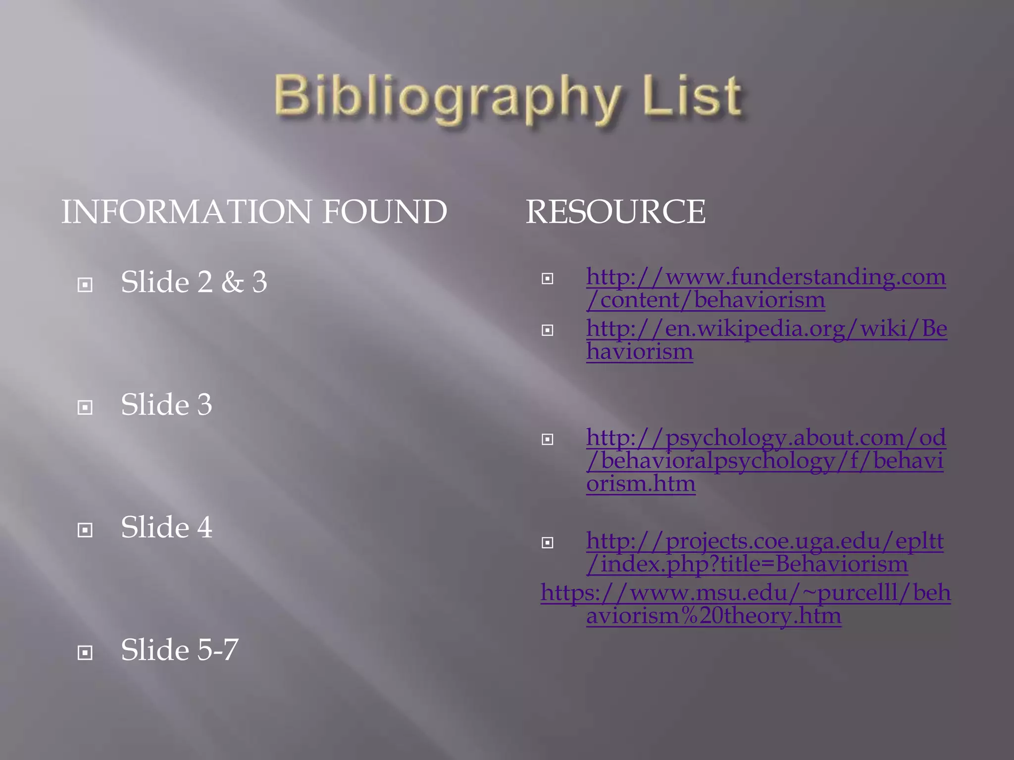 INFORMATION FOUND RESOURCE
 Slide 2 & 3
 Slide 3
 Slide 4
 Slide 5-7
 http://www.funderstanding.com
/content/behaviorism
 http://en.wikipedia.org/wiki/Be
haviorism
 http://psychology.about.com/od
/behavioralpsychology/f/behavi
orism.htm
 http://projects.coe.uga.edu/epltt
/index.php?title=Behaviorism
https://www.msu.edu/~purcelll/beh
aviorism%20theory.htm
 