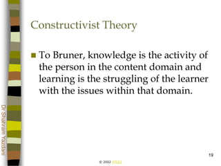 © 2002 ATGCI
DrShahramYazdani
19
Constructivist Theory
 To Bruner, knowledge is the activity of
the person in the content domain and
learning is the struggling of the learner
with the issues within that domain.
 