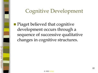 © 2002 ATGCI
DrShahramYazdani
22
Cognitive Development
 Piaget believed that cognitive
development occurs through a
sequence of successive qualitative
changes in cognitive structures.
 