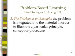 © 2002 ATGCI
DrShahramYazdani
33
Problem-Based Learning
Five Strategies for Using PBL
3. The Problem as an Example: the problem
is integrated into the material in order
to illustrate a particular principle,
concept or procedure.
 