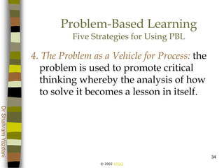 © 2002 ATGCI
DrShahramYazdani
34
Problem-Based Learning
Five Strategies for Using PBL
4. The Problem as a Vehicle for Process: the
problem is used to promote critical
thinking whereby the analysis of how
to solve it becomes a lesson in itself.
 