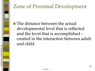 © 2002 ATGCI
DrShahramYazdani
61
Zone of Proximal Development
 The distance between the actual
developmental level that is reflected
and the level that is accomplished -
created in the interaction between adult
and child.
 