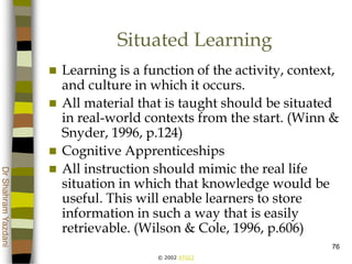 © 2002 ATGCI
DrShahramYazdani
76
Situated Learning
 Learning is a function of the activity, context,
and culture in which it occurs.
 All material that is taught should be situated
in real-world contexts from the start. (Winn &
Snyder, 1996, p.124)
 Cognitive Apprenticeships
 All instruction should mimic the real life
situation in which that knowledge would be
useful. This will enable learners to store
information in such a way that is easily
retrievable. (Wilson & Cole, 1996, p.606)
 