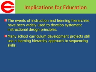 The events of instruction and learning hierarchies have been widely used to develop systematic instructional design principles. Many school curriculum development projects still use a learning hierarchy approach to sequencing skills. Implications for Education 