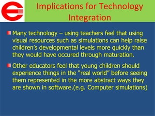 Many technology – using teachers feel that using visual resources such as simulations can help raise children’s developmental levels more quickly than they would have occured through maturation. Other educators feel that young children should experience things in the “real world” before seeing them represented in the more abstract ways they are shown in software.(e.g. Computer simulations) Implications for Technology Integration 