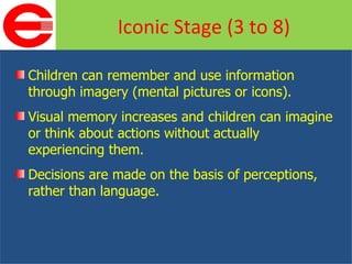 Children can remember and use information through imagery (mental pictures or icons). Visual memory increases and children can imagine or think about actions without actually experiencing them. Decisions are made on the basis of perceptions, rather than language. Iconic Stage (3 to 8) 