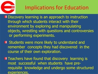 Discovery learning is an approach to instruction through which students interact with their environment by exploring and manipulating objects, wrestling with questions and controversies  or performing experiments. Students were more likely to understand and remember  concepts they had discovered  in the course of their own exploration. Teachers have found that discovery  learning is most  successful  when students  have pre-requisite  knowledge and undergo some structured experiences. Implications for Education 