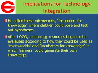 He called these microworlds, “incubators for knowledge” where children could pose and test out hypotheses. After LOGO, technology resources began to be evalauted according to how they could be used as “microworlds” and “incubators for knowledge” in which learners  could generate their own knowledge. Implications for Technology Integration 