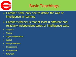 Gardner is the only one to define the role of intelligence in learning Gardner’s theory is that at least 8 different and relatively independent types of intelligence exist. Linguistic Musical Logico-Mathematical Spatial Bodily-kinesthetic Intrapersonal Interpersonal Naturalist Basic Teachings 