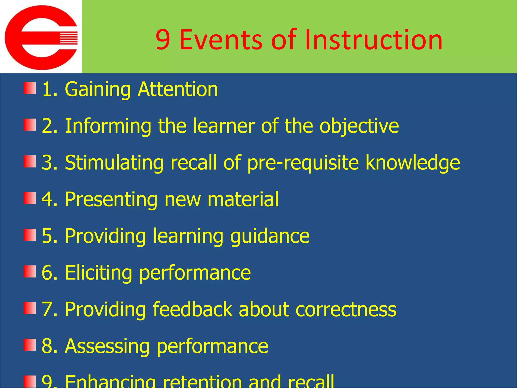 1. Gaining Attention 2. Informing the learner of the objective 3. Stimulating recall of pre-requisite knowledge 4. Presenting new material 5. Providing learning guidance 6. Eliciting performance 7. Providing feedback about correctness 8. Assessing performance 9. Enhancing retention and recall 9 Events of Instruction 