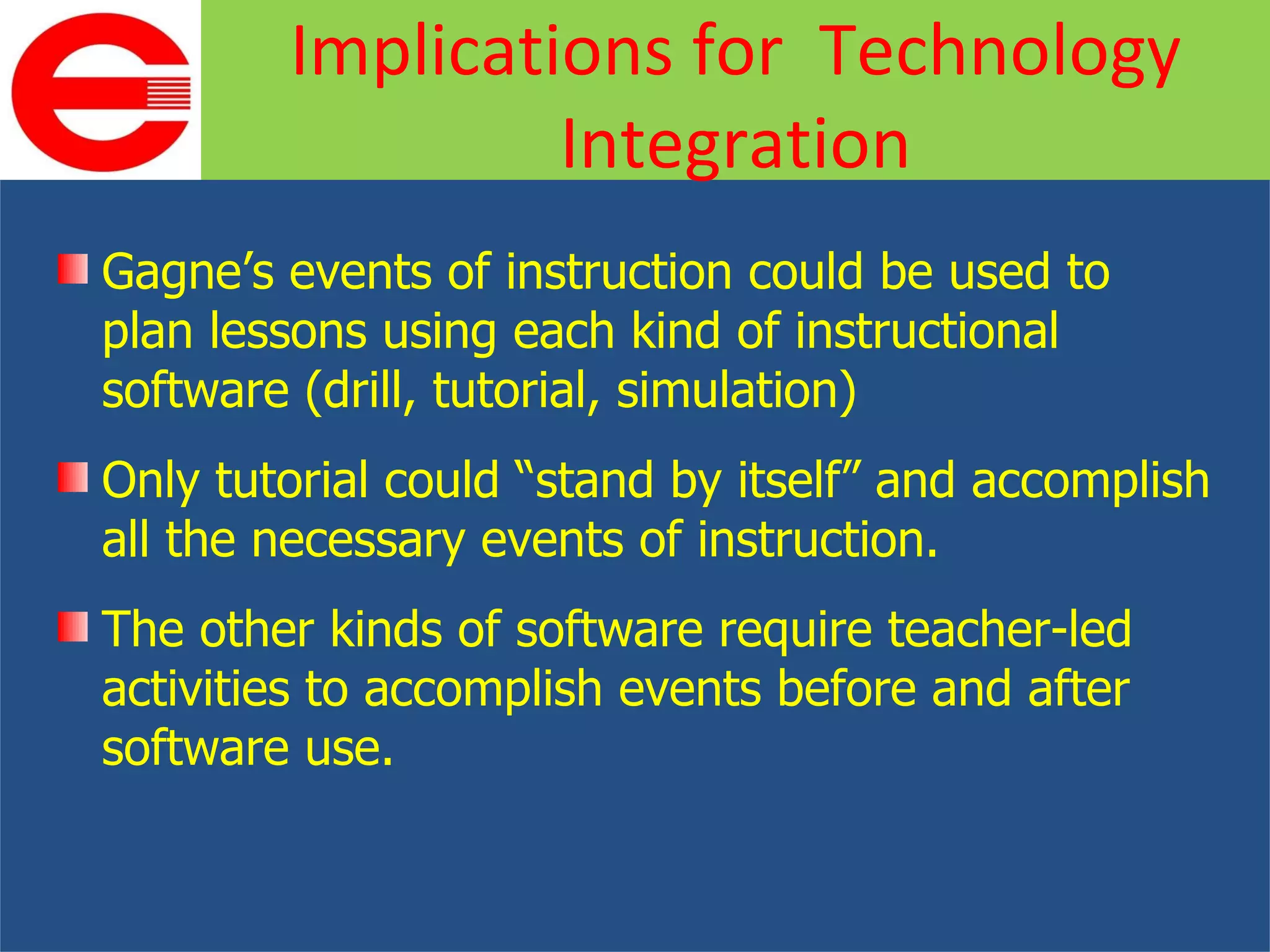 Gagne’s events of instruction could be used to plan lessons using each kind of instructional software (drill, tutorial, simulation) Only tutorial could “stand by itself” and accomplish all the necessary events of instruction. The other kinds of software require teacher-led activities to accomplish events before and after software use. Implications for  Technology Integration 
