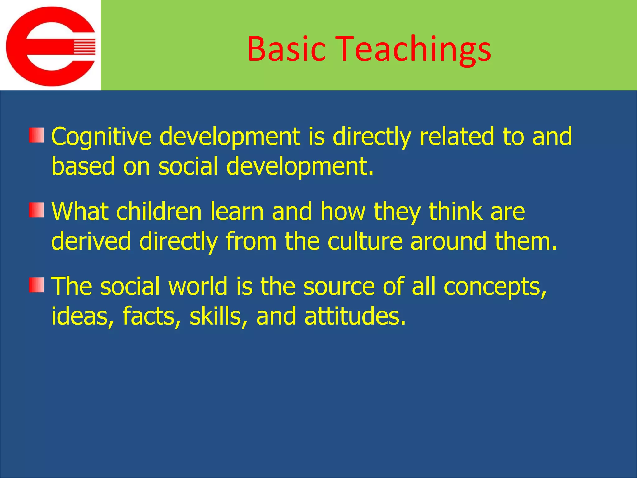 Cognitive development is directly related to and based on social development.  What children learn and how they think are derived directly from the culture around them. The social world is the source of all concepts, ideas, facts, skills, and attitudes. Basic Teachings 