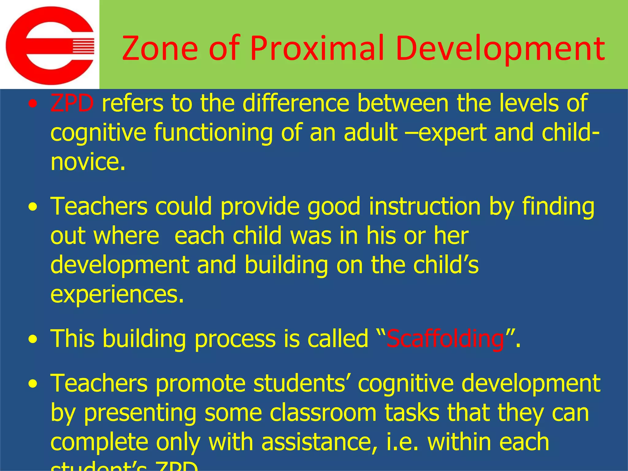 ZPD  refers to the difference between the levels of cognitive functioning of an adult –expert and child-novice. Teachers could provide good instruction by finding out where  each child was in his or her development and building on the child’s experiences. This building process is called “ Scaffolding ”. Teachers promote students’ cognitive development by presenting some classroom tasks that they can complete only with assistance, i.e. within each student’s ZPD. Zone of Proximal Development 