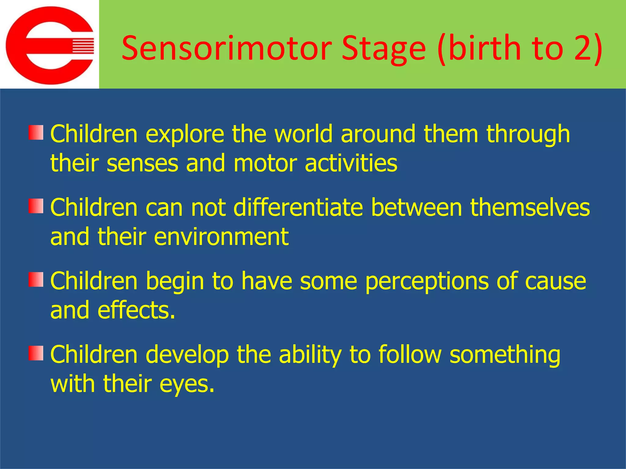 Children explore the world around them through their senses and motor activities Children can not differentiate between themselves and their environment Children begin to have some perceptions of cause and effects. Children develop the ability to follow something with their eyes. Sensorimotor Stage (birth to 2) 