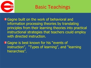 Gagne built on the work of behavioral and information processing theories by translating principles from their learning theories into practical instructional strategies that teachers could employ with directed instruction. Gagne is best known for his “events of instruction”,  “Types of learning”, and “learning hierarchies”. Basic Teachings 