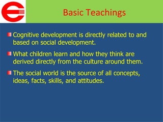 Cognitive development is directly related to and based on social development.  What children learn and how they think are derived directly from the culture around them. The social world is the source of all concepts, ideas, facts, skills, and attitudes. Basic Teachings 