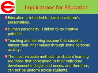 Education is intended to develop children’s personalities. Human personality is linked to its creative potential. Teaching and learning assume that students master their inner values through some personal activity. The most valuable methods for student learning are those that correspond to their individual developmental stages and needs, and therefore, can not be uniform across students. Implications for Education 