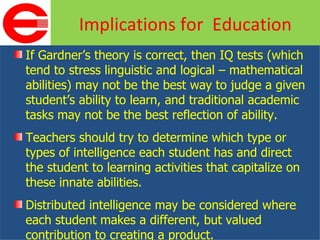 If Gardner’s theory is correct, then IQ tests (which tend to stress linguistic and logical – mathematical abilities) may not be the best way to judge a given student’s ability to learn, and traditional academic tasks may not be the best reflection of ability. Teachers should try to determine which type or types of intelligence each student has and direct the student to learning activities that capitalize on these innate abilities. Distributed intelligence may be considered where each student makes a different, but valued contribution to creating a product. Implications for  Education 