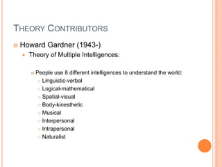 Theory ContributorsHoward Gardner (1943-)Theory of Multiple Intelligences:People use 8 different intelligences to understand the world:Linguistic-verbalLogical-mathematicalSpatial-visualBody-kinestheticMusicalInterpersonalIntrapersonalNaturalist   