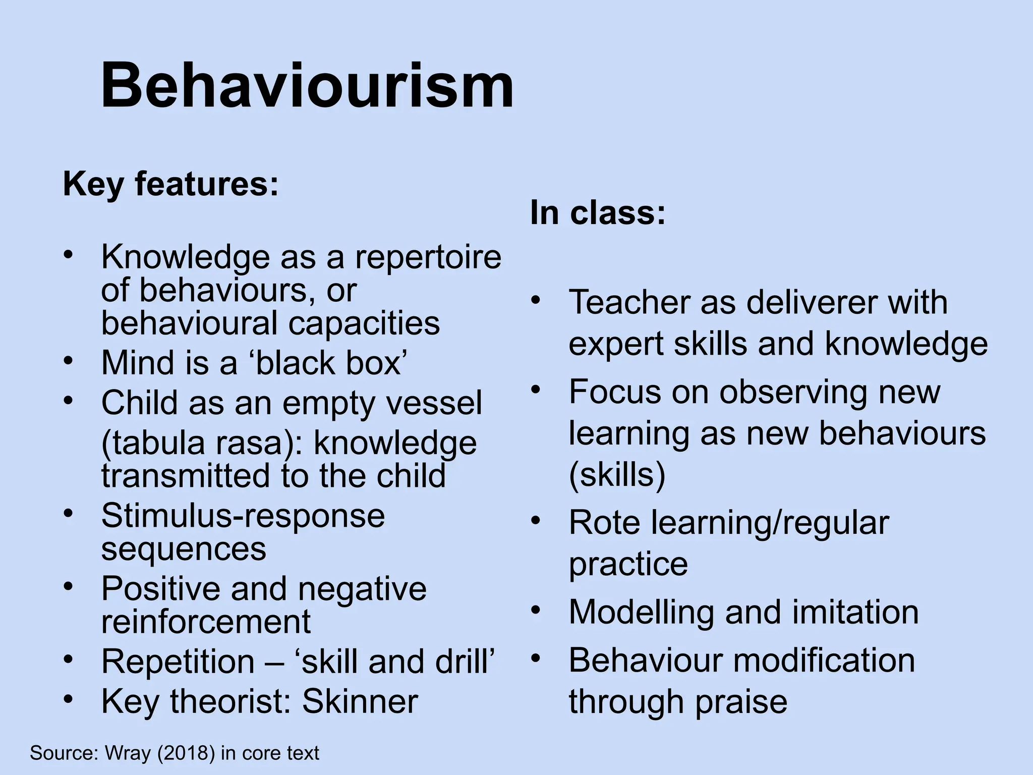 Behaviourism
Key features:
• Knowledge as a repertoire
of behaviours, or
behavioural capacities
• Mind is a ‘black box’
• Child as an empty vessel
(tabula rasa): knowledge
transmitted to the child
• Stimulus-response
sequences
• Positive and negative
reinforcement
• Repetition – ‘skill and drill’
• Key theorist: Skinner
Source: Wray (2018) in core text
In class:
• Teacher as deliverer with
expert skills and knowledge
• Focus on observing new
learning as new behaviours
(skills)
• Rote learning/regular
practice
• Modelling and imitation
• Behaviour modification
through praise
 