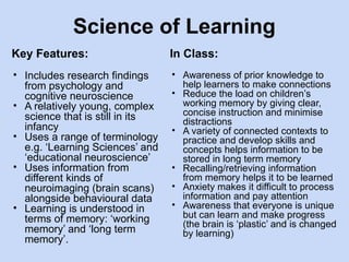 Science of Learning
Key Features:
• Includes research findings
from psychology and
cognitive neuroscience
• A relatively young, complex
science that is still in its
infancy
• Uses a range of terminology
e.g. ‘Learning Sciences’ and
‘educational neuroscience’
• Uses information from
different kinds of
neuroimaging (brain scans)
alongside behavioural data
• Learning is understood in
terms of memory: ‘working
memory’ and ‘long term
memory’.
In Class:
• Awareness of prior knowledge to
help learners to make connections
• Reduce the load on children’s
working memory by giving clear,
concise instruction and minimise
distractions
• A variety of connected contexts to
practice and develop skills and
concepts helps information to be
stored in long term memory
• Recalling/retrieving information
from memory helps it to be learned
• Anxiety makes it difficult to process
information and pay attention
• Awareness that everyone is unique
but can learn and make progress
(the brain is ‘plastic’ and is changed
by learning)
 