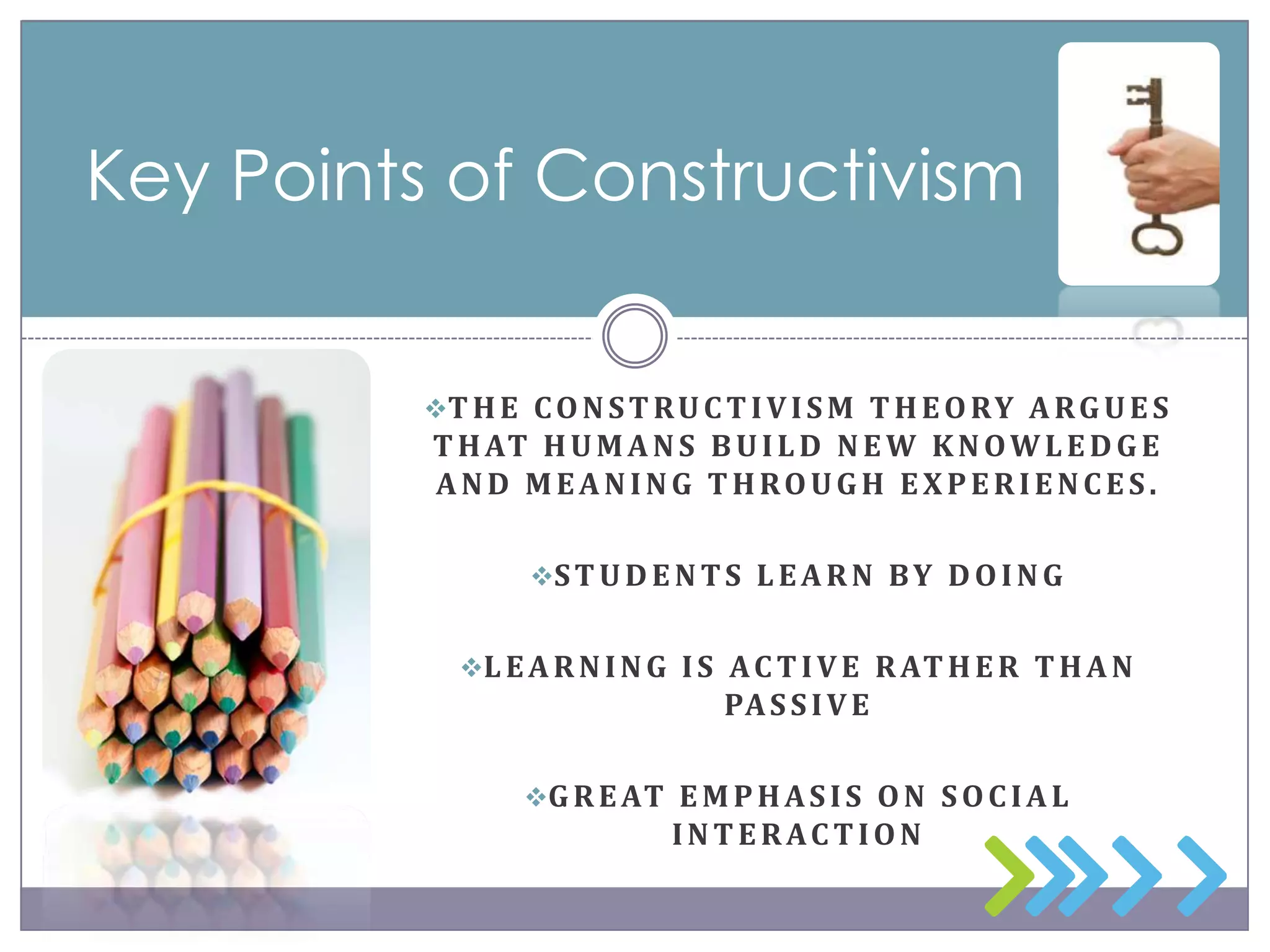 Key Points of ConstructivismThe constructivism theory argues that humans build new knowledge and meaning through experiences.