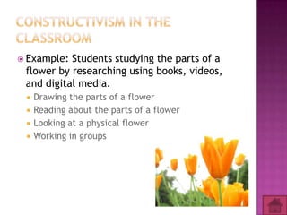  Example: Students studying the parts of a
 flower by researching using books, videos,
 and digital media.
    Drawing the parts of a flower
    Reading about the parts of a flower
    Looking at a physical flower
    Working in groups
 